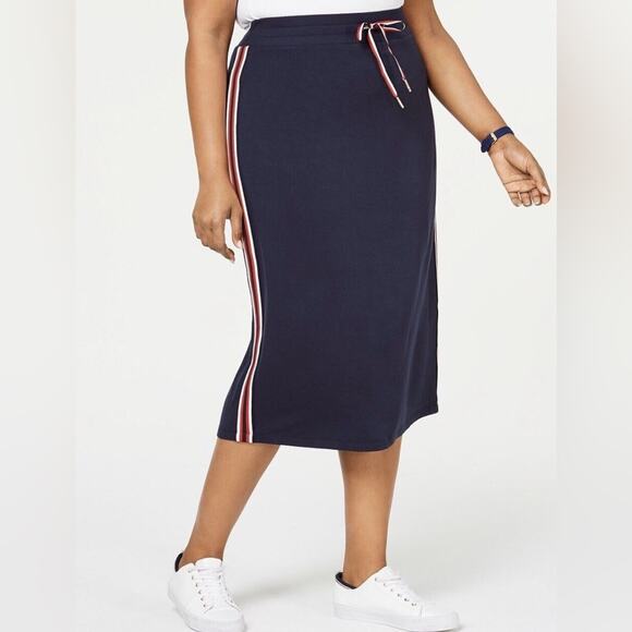 Tommy Hilfiger Casual Sporty Drawstring Side Stripe Midi Skirt - Picture 1 of 6